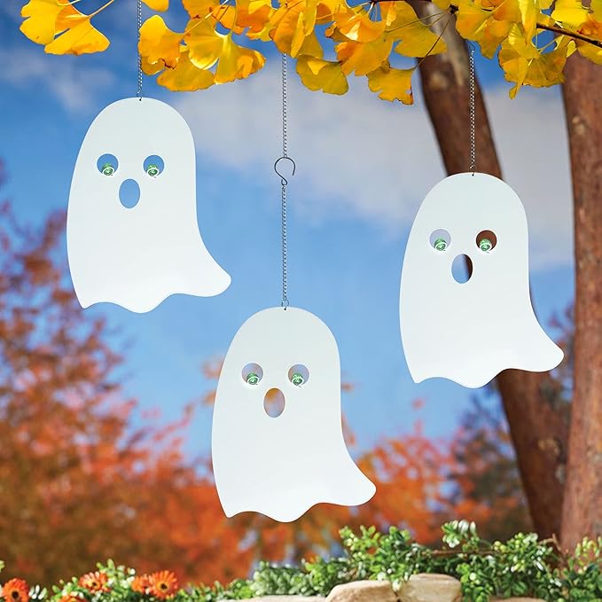 WAIU Outdoor Metal Hanging Ghosts, Halloween Decoration, Glow-in-The-Dark Ghosts, Silhouette Pendant Outdoors, Halloween Decorative Animals, Set of 3