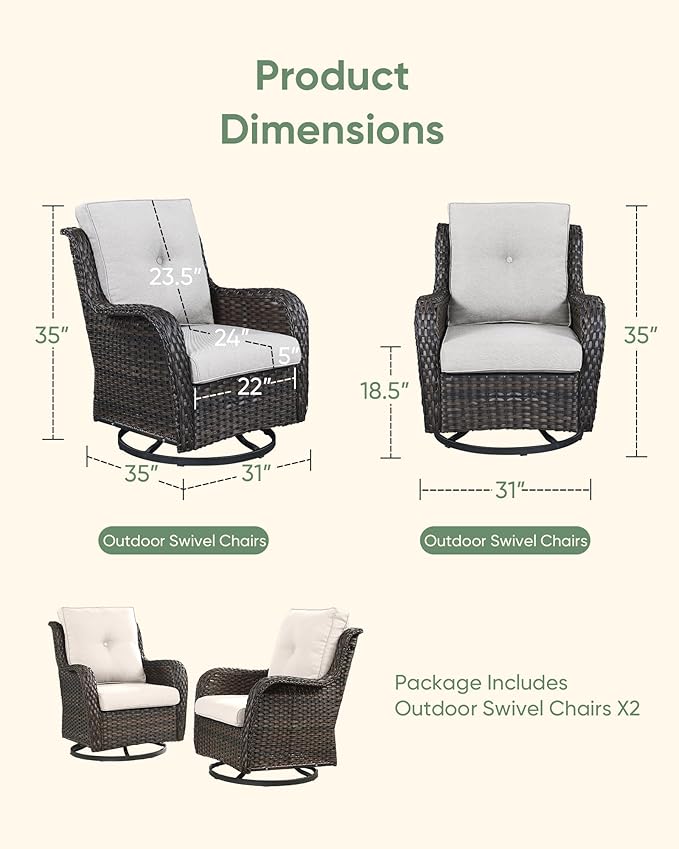 HUMMUH Outdoor Swivel Rocker Wicker Patio Chairs Set of 2, Rattan Rocking Chair Furniture Set (Brown/Beige)