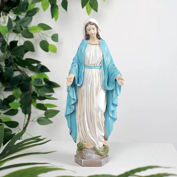 Our Lady of Grace Blessed Virgin Mother Mary Statue Catholic Religious 15.8 Inch Colored Resin Statue Figurine for Garden, Outdoor, Patio, Cemetery Grave Stone (Monther Mary)