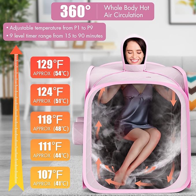 Giantex Portable Folding Sauna, 1 or 2 Person Steam Spa with Remote Control, Folding Chair, Foot Massage Roller, Absorbent Mat, 9 Temperature Levels, 3L Steamer, 800W Home Full Body Spa Tent (Pink)