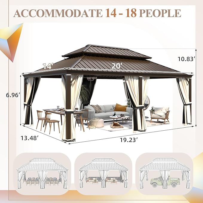 YOLENY 14' x 20' Gazebo, Galvanized Steel Double Roof Hardtop Gazebo with Aluminum Frame, Permanent Outdoor Metal Pavilion with Curtain and Netting for Patio, Lawn and Garden