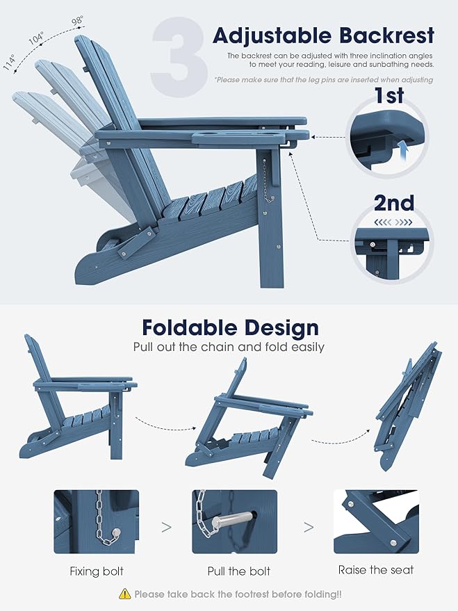 KINGYES Adjustable Folding Adirondack Chair with Footrest & 4-in-1 Multi-Functional Armrest Organizer, HDPE Foldable Reclining Adirondack Chair with Pull-Out Ottoman, Blue