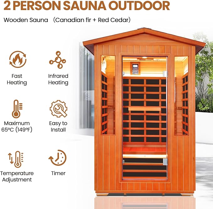 Outdoor Sauna 2 Person Sauna Infrared Saunas Dry Sauna Room 2080W/110V Low EMF Red Cedar and Canadian Fir Board Wood Sauna, Oxygen Bar, Speaker, LED Control Panel, Beauty Light - 48.8*38.2*81.9 IN