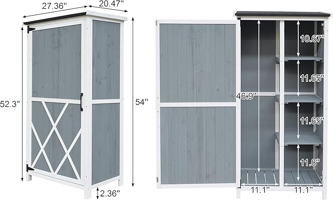 GDFStudio 54" Two-Tone Storage Shed Gray & White Design Outdoor Tool Storage House with Sloped Roof & 5 Customizable Compartments for Garden Patio Backyard, Gray