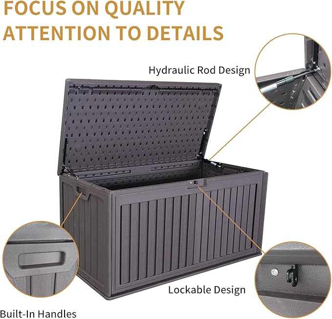 LANTRO JS 100 Gallon Deck Box, Waterproof Deck Storage Box, Resin Plastic Patio Storage Box with Side Handles, Lockable Storage Containers
