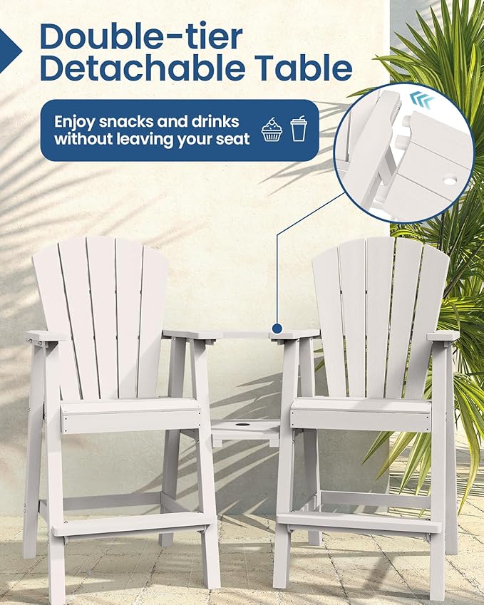Ciokea Tall Adirondack Chairs Set of 4, HDPE Outdoor Adirondack Bar Stools with Double Connecting Tray, Weather Resistant High Back Adirondack Balcony Chairs for Deck, Lawn, Pool, Backyard, White