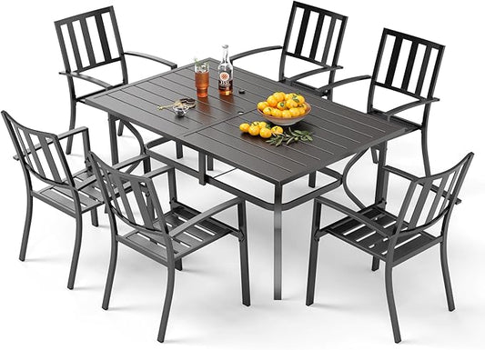 PHI VILLA 7 Piece Outdoor Dining Set for 6, 60” Rectangular Metal Steel Dining Table with Umbrella Hole & Stackable Dining Chairs for Patio, Deck, Yard, Garden