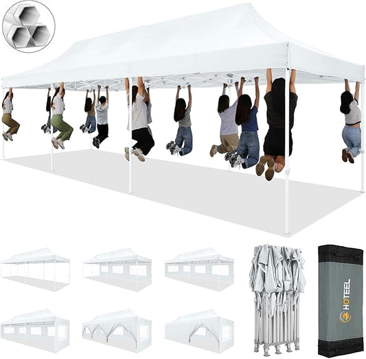 HOTEEL 10x30 Pop up Canopy Tent for Parties, Heavy Duty Easy Setup Tent with 8 Sidewalls, Outdoor Commercial Instant Gazebo for Wedding Event, with Portable Bag & Sand Bags, White(Hexagonal Frame)