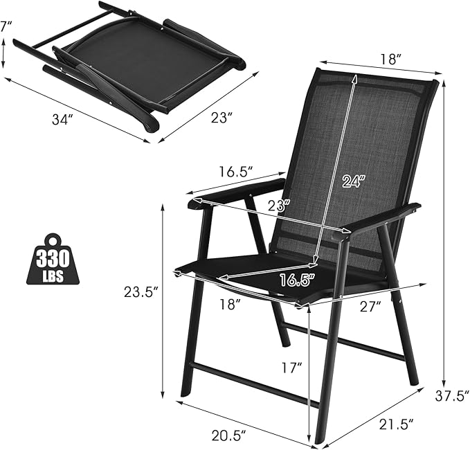 S AFSTAR Patio Chairs Set of 2, Outdoor Foldable Sling Chairs with Armrests, Folding Outdoor Chairs for Lawn Garden Backyard Poolside Porch (Black)