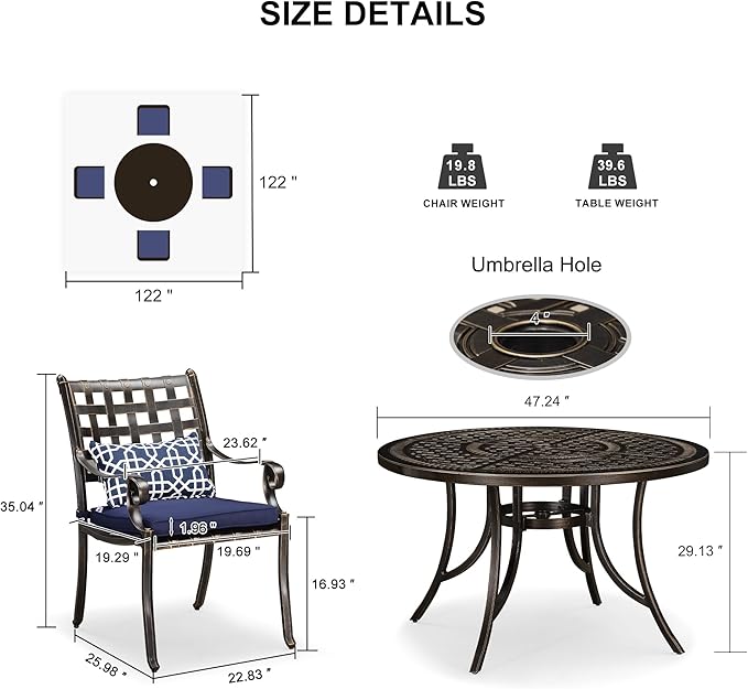 PURPLE LEAF 5 Pieces Patio Dining Set Cast Aluminum Patio Furniture with 4 Armchairs and 47" Round Table, Pillow Included, for Lawn Yard Garden Oudoor Dining Set, Navy Blue