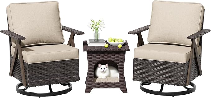 Outdoor Swivel Rocker Chairs, 3 Pieces Wicker Swivel Patio Chair with Rattan Side Table, Patio Furniture Set for Outside Porch Deck
