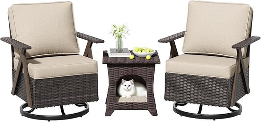 Outdoor Swivel Rocker Chairs, 3 Pieces Wicker Swivel Patio Chair with Rattan Side Table, Patio Furniture Set for Outside Porch Deck
