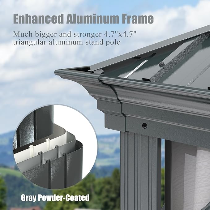 Domi 12'x12' Hardtop Gazebo Canopy,Outdoor Aluminum Gazebo with Galvanized Steel Double Roof,Permanent Gazebos with Drainage System,Curtain and Netting Included,Grey