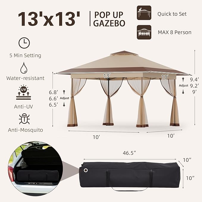 Bezseller 13x13 Pop Up Gazebo Tent with Mosquito Netting – Quick Set Up, Water-Resistant Outdoor Canopy for Patio, Garden, Backyard, and More,Khaki