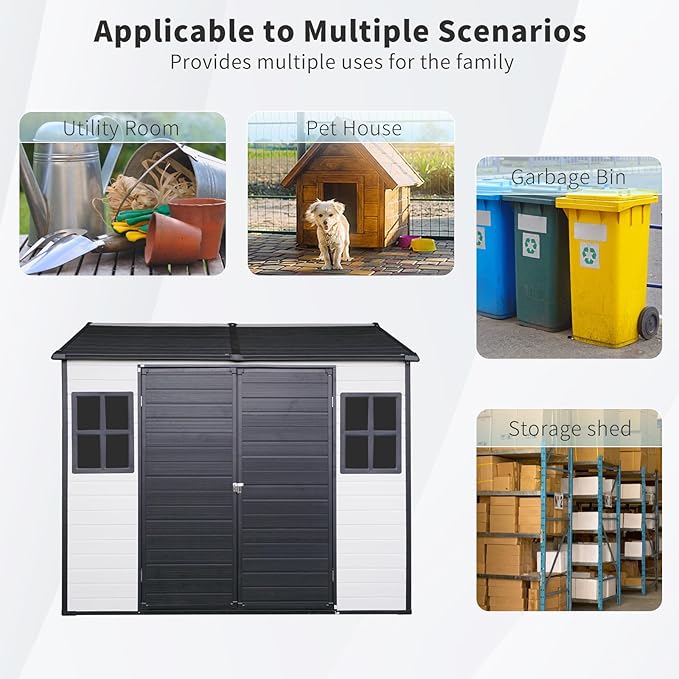 Outdoor Storage Shed with Two-Window and Lockable Door, 8 x 6 FT Resin Storage Shed, Plastic Tool Shed with Floor for Gargen, Patio, Yard, Lawn