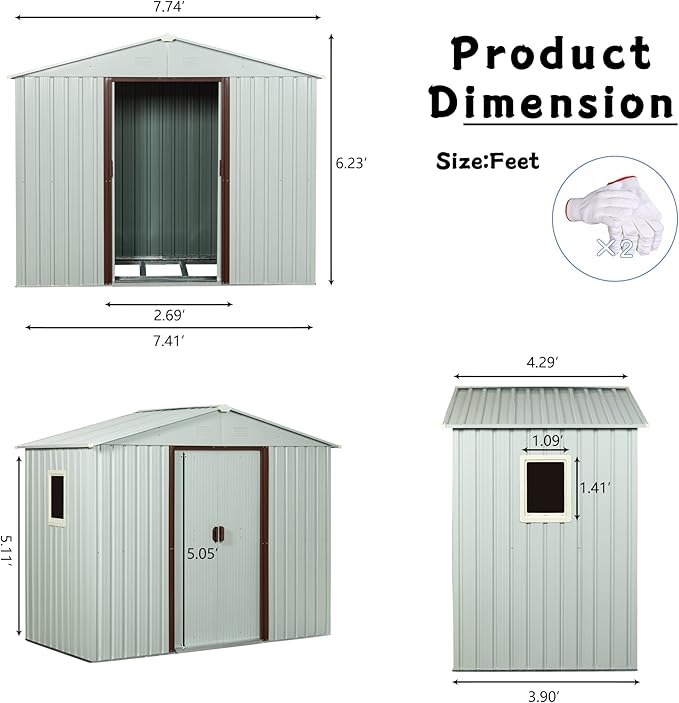 Favfurish 8 x 4 FT Outdoor Storage Shed with Side Window, Metal Garden Shed w/Sliding Doors & Lock, Floor Base and Air Vents, Utility Tool Storage House for Backyard Lawn, White