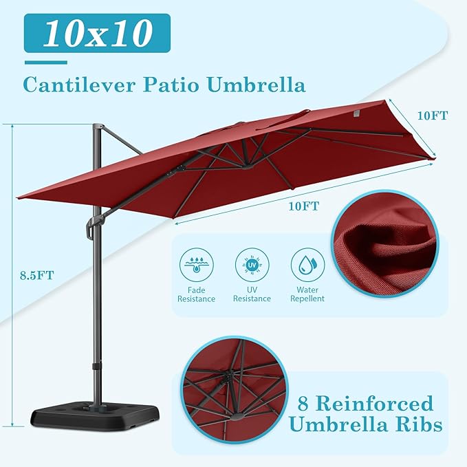 Hotime 10x10ft Large Cantilever Patio Umbrellas - Upgrade and Intensify - with 360 Rotation and 5 Angles Adjustment - Aluminum Offset Pool Umbrella Square Outdoor Umbrella for Patio Garden