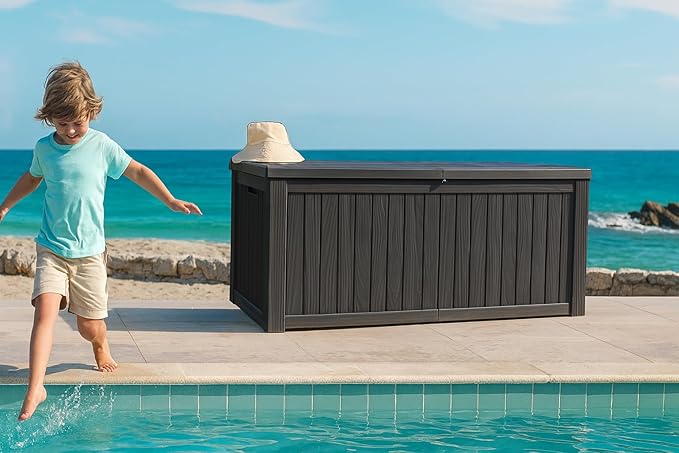 BTEXPERT 80 Gallon Outdoor Storage Container Deck Box with Metal Support Rods for Patio Furniture Garden Tools Cushions Waterproof Lockable UV Resistant Resin