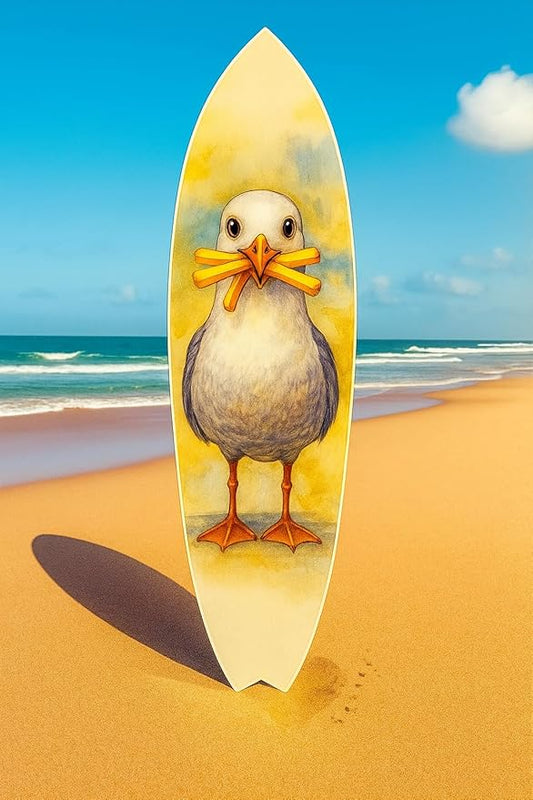 JennyGems Funny Seagull Surfboard Wall Art – Coastal Beach Decor, Seagull with Fries, Outdoor PVC Surfboard Sign (3 Foot)