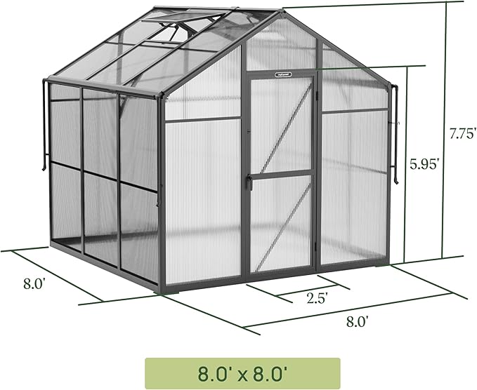 Vego Garden Junior Victorian Greenhouse 8ft – Durable Aluminum Frame with Polycarbonate Panels – All-Season Greenhouse for Backyard or Patio