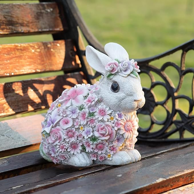 Colorful Flower Rabbit Statue - Indoor and Outdoor Garden Decoration Statue Unique Garden Art, Cheerful Home Decor, for Easter, Spring, and New Homes(8inch)