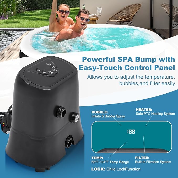 NAIZEA Inflatable Hot Tub - Outdoor Hot Tubs 2 Person, Portable Blow Up Spa Square Portable Hot Tub, 90 Soothing Bubble Air Jets, Cover, 2 Filter, 145 Gallon,75x47x25 in