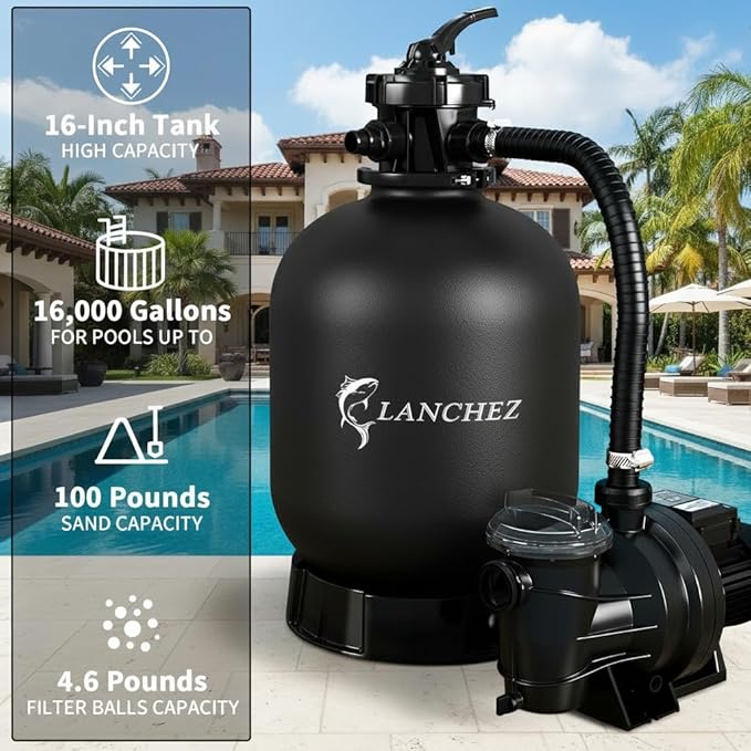 LANCHEZ 16" Sand Filter Pump for Above Ground Pool with Timer, 1.5 HP, Max 4900 GPH for Pools Up to 16000 GAL, 6-Way Valve Pool Sand Filter System, Enhanced Circulation for Crystal-Clear Pool