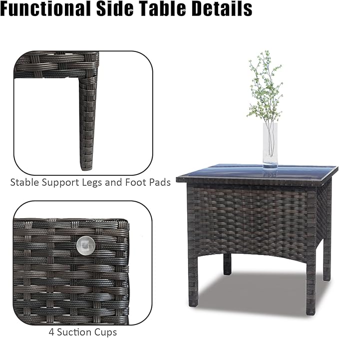 Outdoor PE Rattan Side Table, Modern Wicker Coffee End Table with Glass Top for Yard, Balcony, Garden or Livingroom, Brown