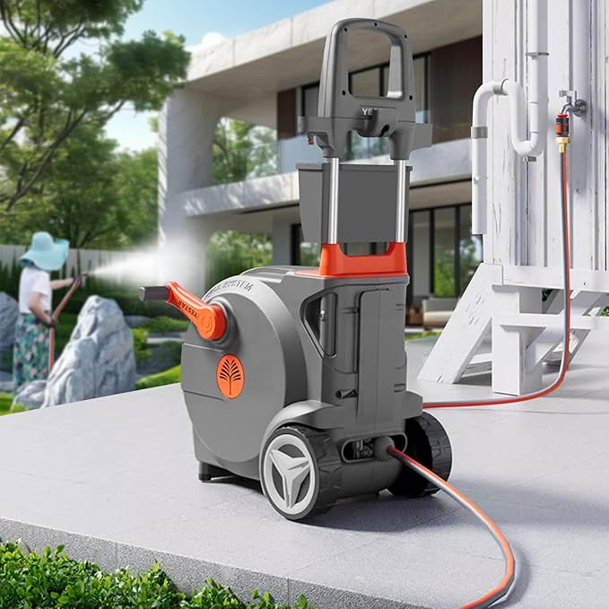 Hand-Crank Garden Hose Reel 1/2" x 130ft, Heavy Duty Garden Water Hose Reel, Removable, Any Length Lock, Hand Crank Effortless Rewind System, 4-Pattern Nozzle