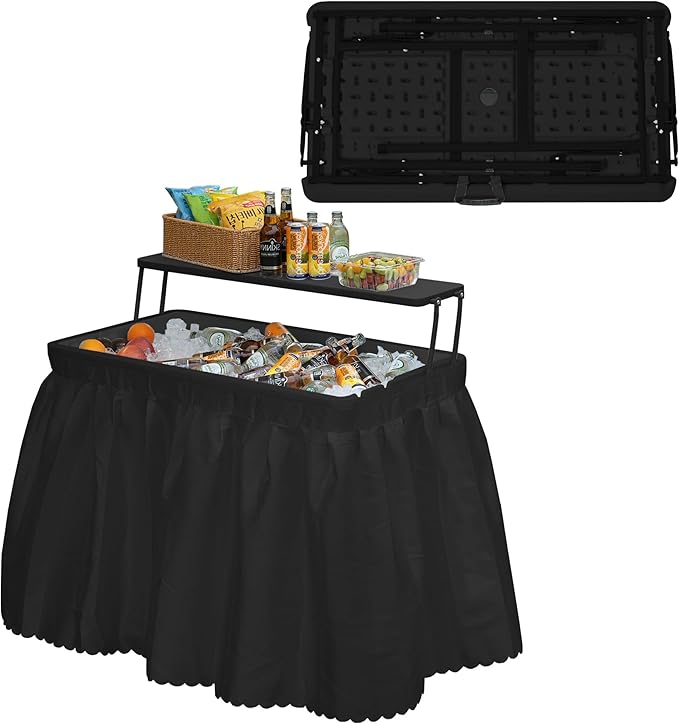 Outdoor Ice Cooler Folding Table, Portable Cooler Table with Removable Matching Skirt, Folding Ice Chest Table with Place Holder Black