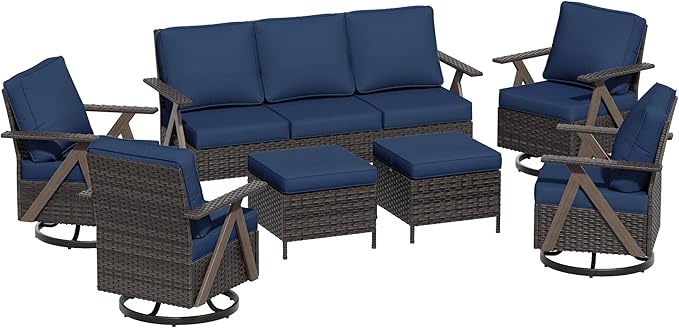 7 Pieces Patio Furniture Set,Outdoor Sofa & High Back Swivel Rocker Patio Chairs, Wicker Conversation Set with Ottoman for Deck Yard and Poolside