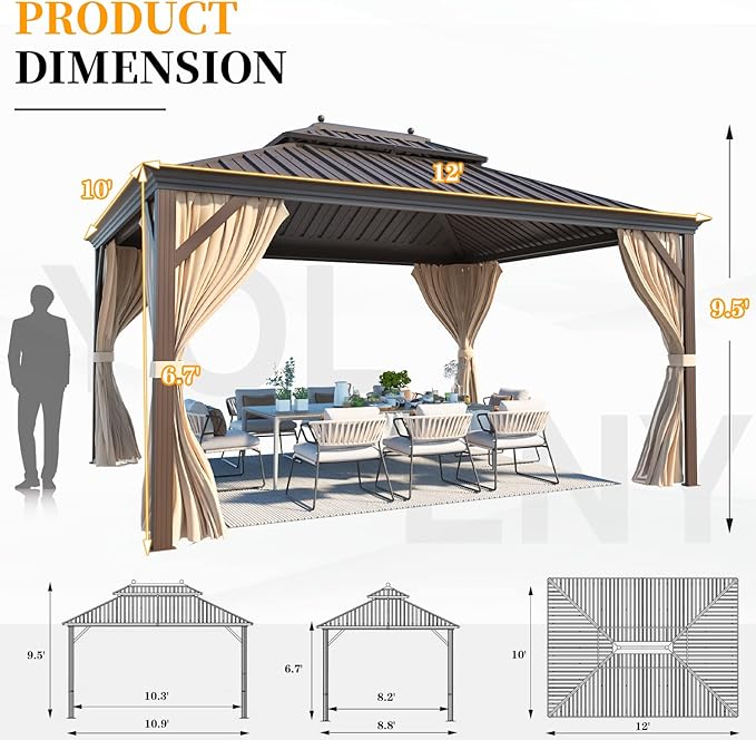 YOLENY 10'x12' Hardtop Gazebo with Double Galvanized Steel Roof, Pergolas Aluminum Frame, Curtains and Netting Included, Metal Outdoor Gazebos for Patios, Garden, Lawns, Parties