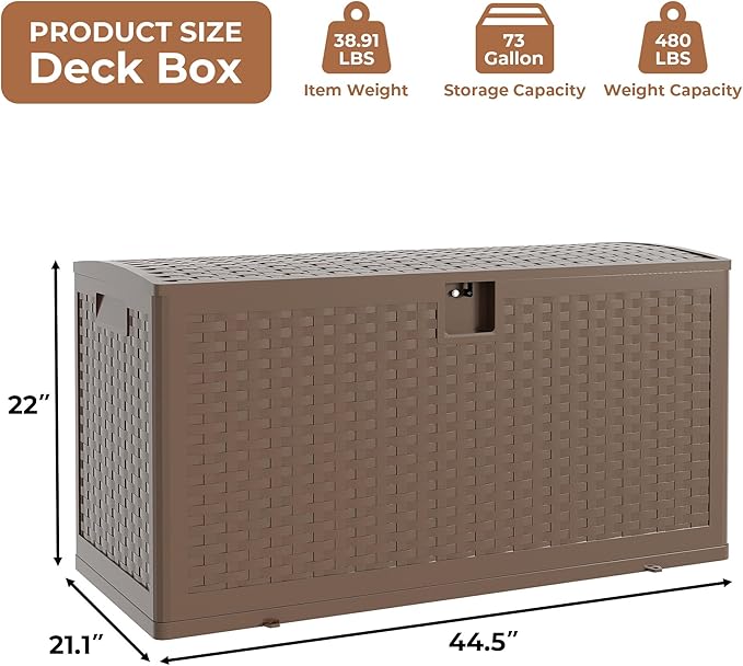 73 Gallon Outdoor Storage Box, Lockable Resin Deck Box Indoor and Outdoor Use, Waterproof Patio Deck Storage Box For Package Delivery, Furniture Cushions, Garden Tools, Pool Accessories