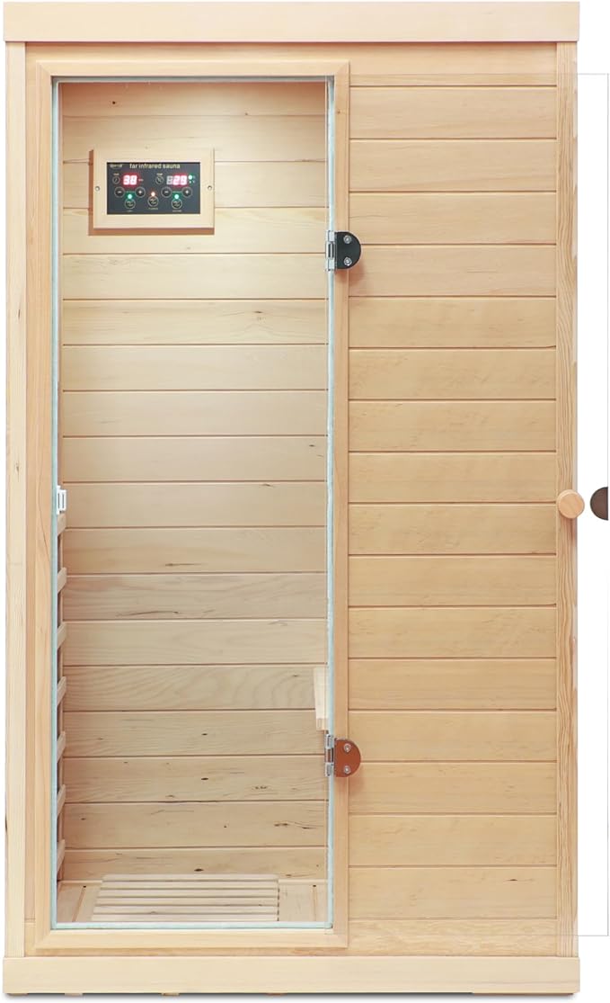 1 Person Far Infrared Indoor Sauna Hemlock Mini Single Person Sauna for Home with LCD Display & Bluetooth on The Left of The Indoor, Natural