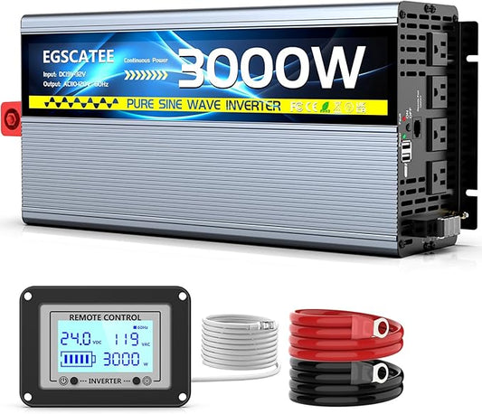 24V 3000W Pure Sine Wave Inverter 24V DC to 110V/120V AC Converter with 4AC Outlets, 5V/3.4A USB, Remote Control with on-Screen Display, Off-Grid Solar Power Inverter for Truck, Home, Vehicles, RV