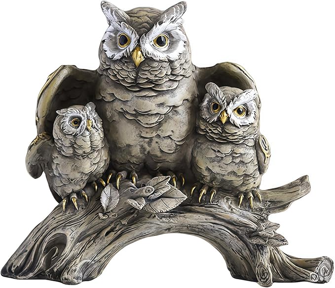 Resin Owl Statue with Spread Wings - Outdoor Garden, Patio, Office Decor Figurine: Family Parent & Two Baby Owls on Base (Grey-Black)