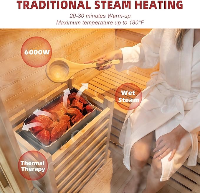 Indoor Steam Sauna 2 Person, Canadian Hemlock Saunas, 6KW Harvia Heater, 220V, Left Door(120-195℉) with Himalayan Salt Panel and LCD Touch Control Panel