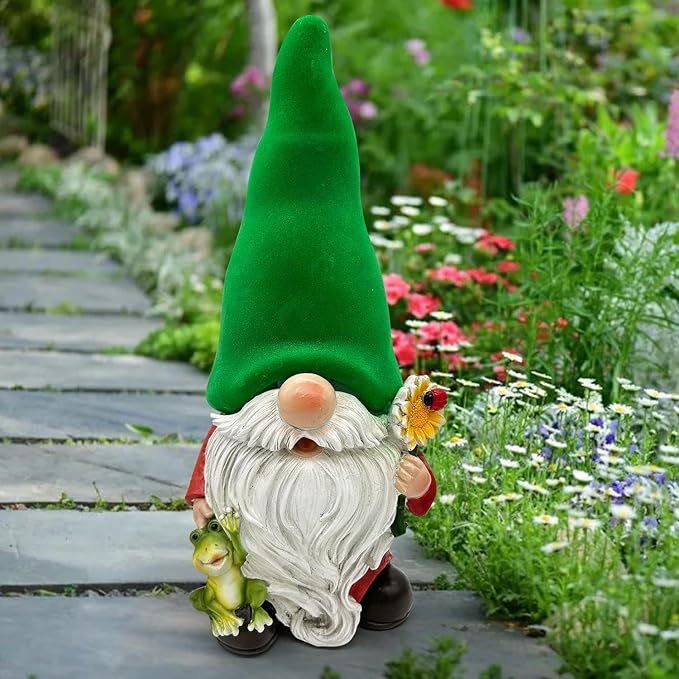 Gnome with Frog and Flower, Solar Garden Lights, Decor for Yard, Patio, Lawn - Novel Gift for Women, Mom, Friends(Green Hat Gnomes)
