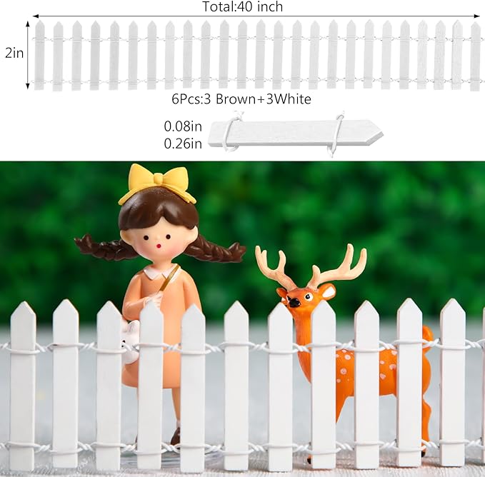 Kigley 6 Pcs 40 Inch Fairy Fence Wood Miniature Garden Picket Fence Decorations for DIY Plant Pot House Home Dollhouse Outdoor Diorama Project(White)