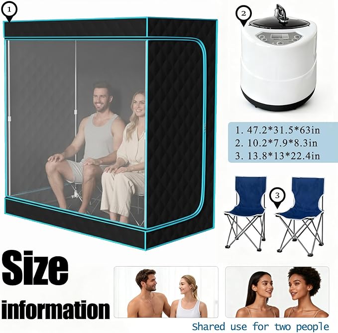 Sauna,2 Person Portable Steamer Sauna Set,Foldable Wet Sauna Tent Set with 2.5L 1500W Steamer,Full Size Home Sauna,with Folding Chair,Remote Control,Blue