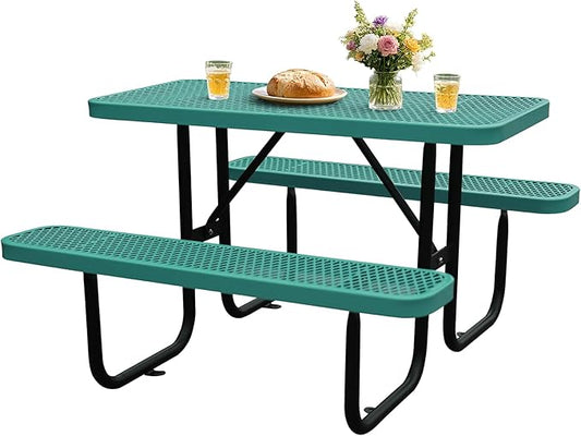 4FT Outdoor Picnic Tables,Heavy-Duty Metal Rectangular Picnic Table,Expanded Metal Commercial-Grade Table with 2 Benches & Umbrella Hole,Waterproof Coating Beach Table for Patio,Garden, Backyard