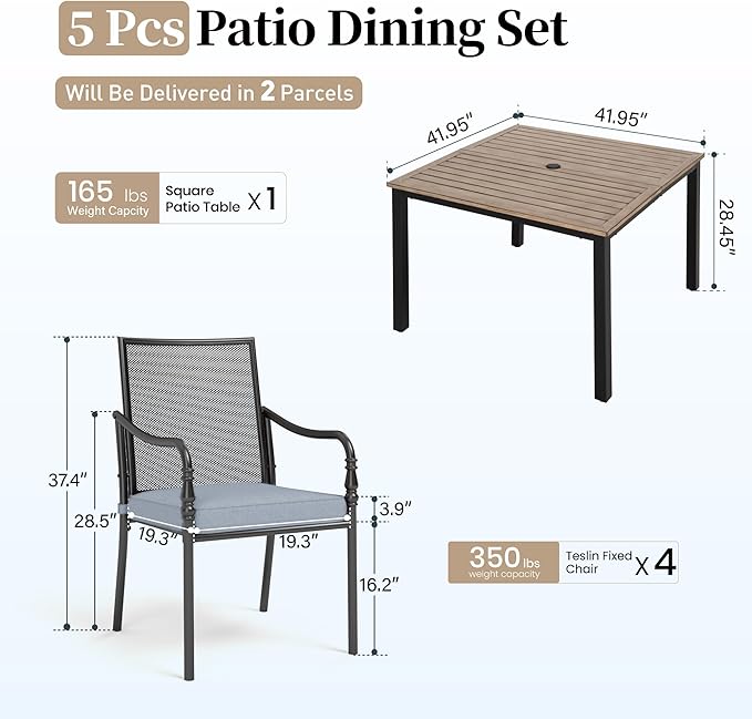 Patio Table and Chairs Set of 4, All-Weather Breathable Metal Mesh Patio Chair with Gourd-Shaped Armrests, 42x42 Wood-Like Table with Umbrella Hole, 5 Pcs Metal Frame Patio Dining Set