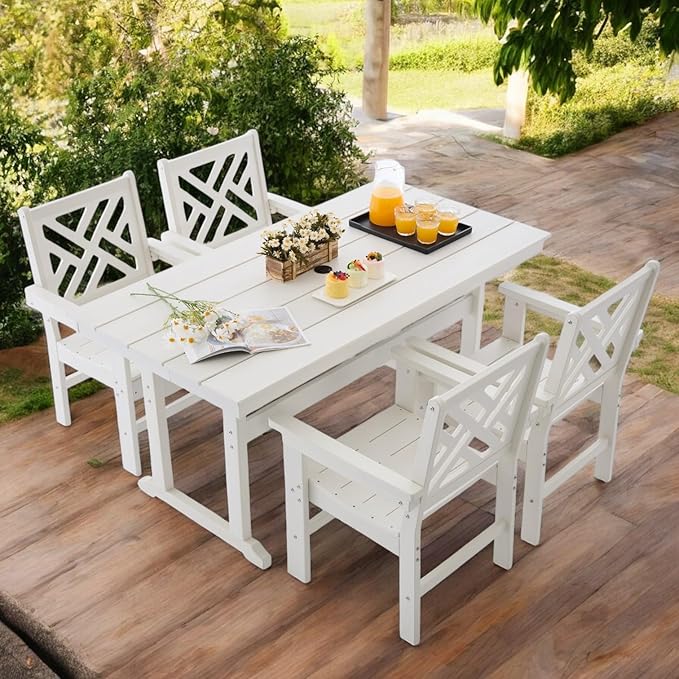 5 Piece HDPE Outdoor Dining Set for 4, Patio Dining Furniture Set with Umbrella Hole, Outdoor Table and Chairs for Garden, Poolside, Backyard, Deck