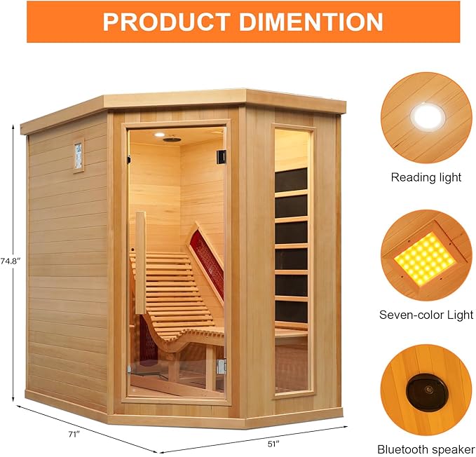 Infrared Sauna Room with Recliner, One Person Infrared Sauna Home, 220V，2300W, 4 Heating Tubes, 4 Carbon Crystal Heating Panel, Bluetooth Speakers, 7 Color Light, Oxygen Bar（Open Door Right ）