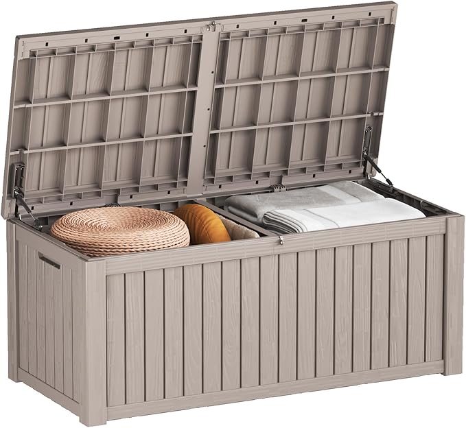 EasyUp 150 Gallon Outdoor Storage Box Waterproof, UV Resistant Resin Deck Box with Hydraulic Rod, Reinforced Stability for Patio, Garden, and Pool, Striped Gray