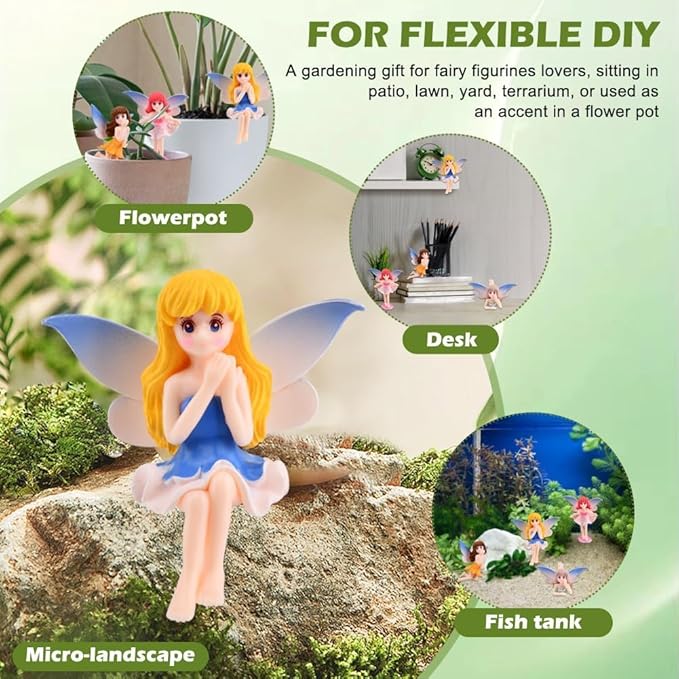 2 Pcs Enchanting Small Fairy Figurines with Fly Wings - Miniature Fairy Garden Accessories for DIY Gardens, Birthday Cake Toppers, Flower Pot Decor, Home & Car Decoration, Mini Pond Bridge Ornaments.
