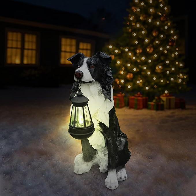 Border Collie Solar Welcome Statue, Hand-Painted Resin Sitting Dog Figurine with Lantern and Dual Wooden-Style Signs, Intelligent Guardian Sculpture for Garden and Porch Décor