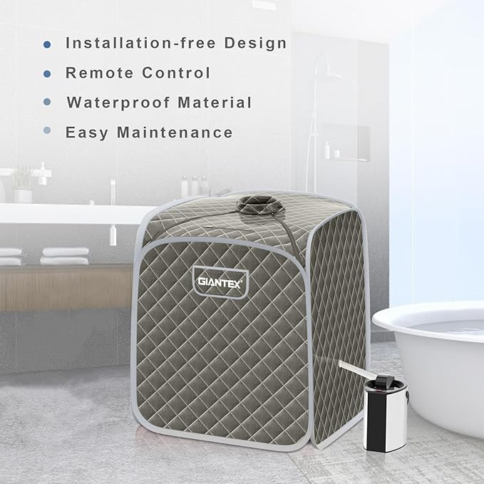 Giantex Portable Sauna, Sauna Box 3L Steam Box Remote Control, 9 Adjustable Temperature & Timer, Foot Roller, Mat & Foldable Chair, Steam Sauna for Single Person, Personal Sauna Tent for Home, Gray