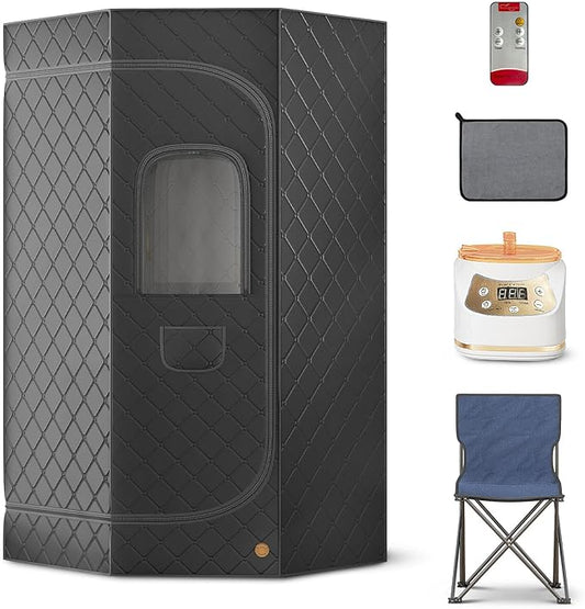 Home Steam Sauna Box, Portable Sauna for Home, Steam Sauna Tnet Full Size Single Person Sauna with 3.0L&1500W Steamer, Remote Control, Foldable Chair & RGB LED Light （Black）