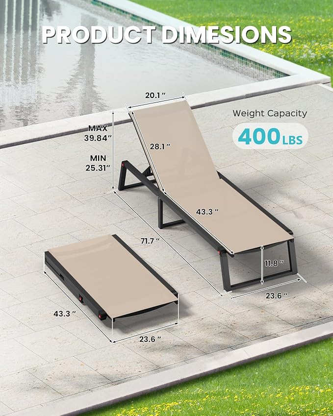 Aluminum Chaise Lounge Chair Outdoor, Foldable & Assembly Free Patio Pool Lounge Chairs 5-Position Recliner for Outside Poolside, Fully Grounded Legs Sun Lounger for Beach, Yard, Khaki